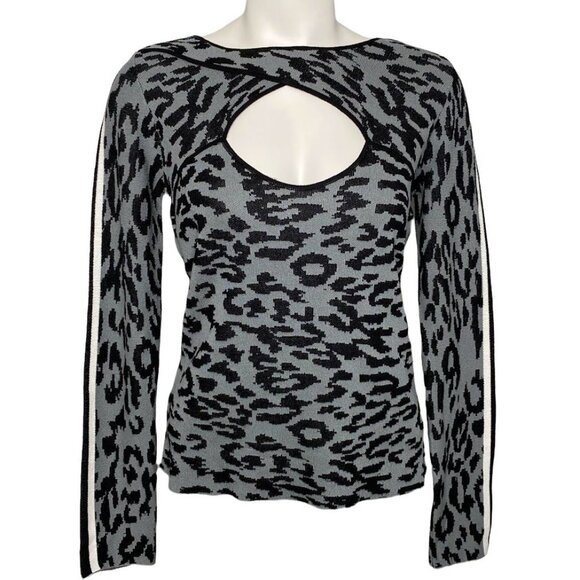 Fever Sweater Top Women's‎ SMALL Gray Black Leopard Cutout Long-Sleeve Soft NEW - Picture 2 of 12